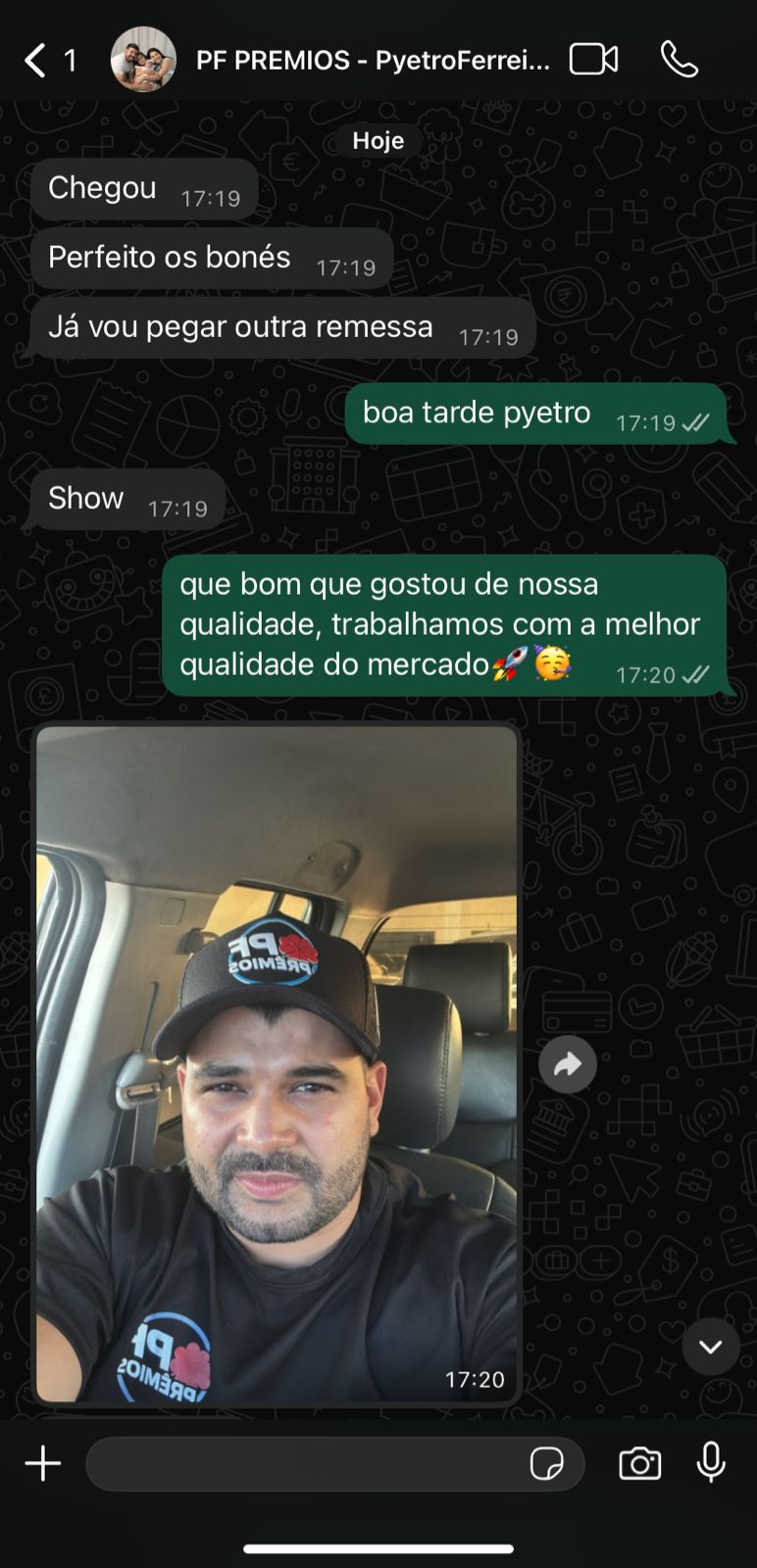Print de feedback de cliente da FB Bonés no WhatsApp 3