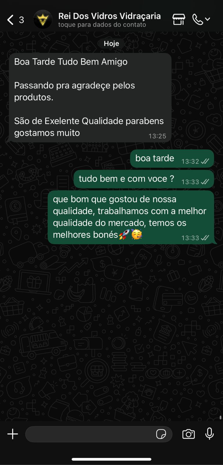 Print de feedback de cliente da FB Bonés no WhatsApp 5