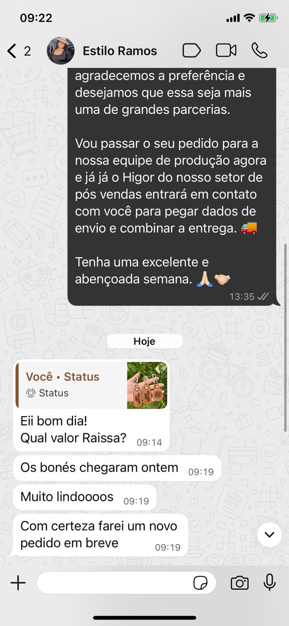 Print de feedback de cliente da FB Bonés no WhatsApp 6