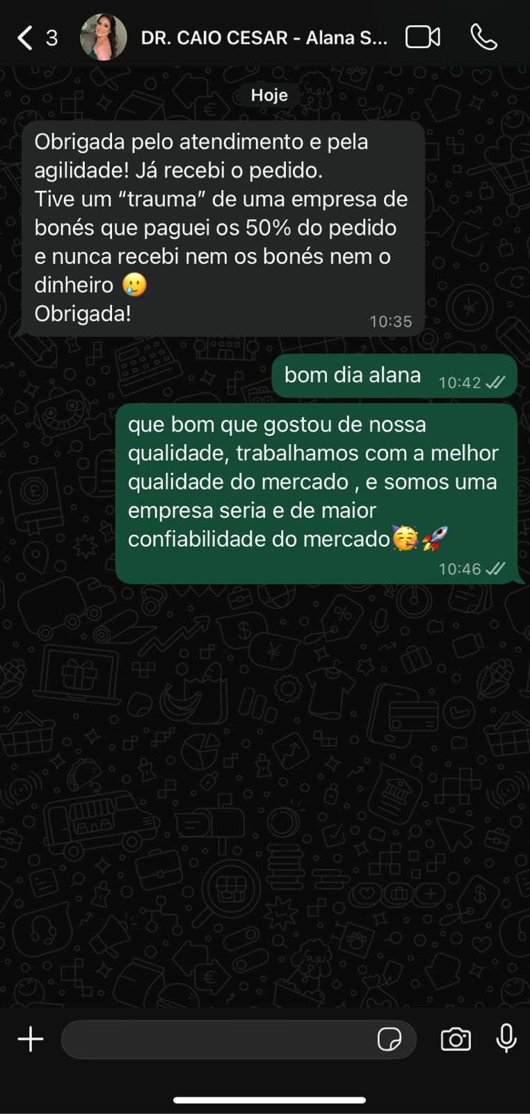 Print de feedback de cliente da FB Bonés no WhatsApp 2