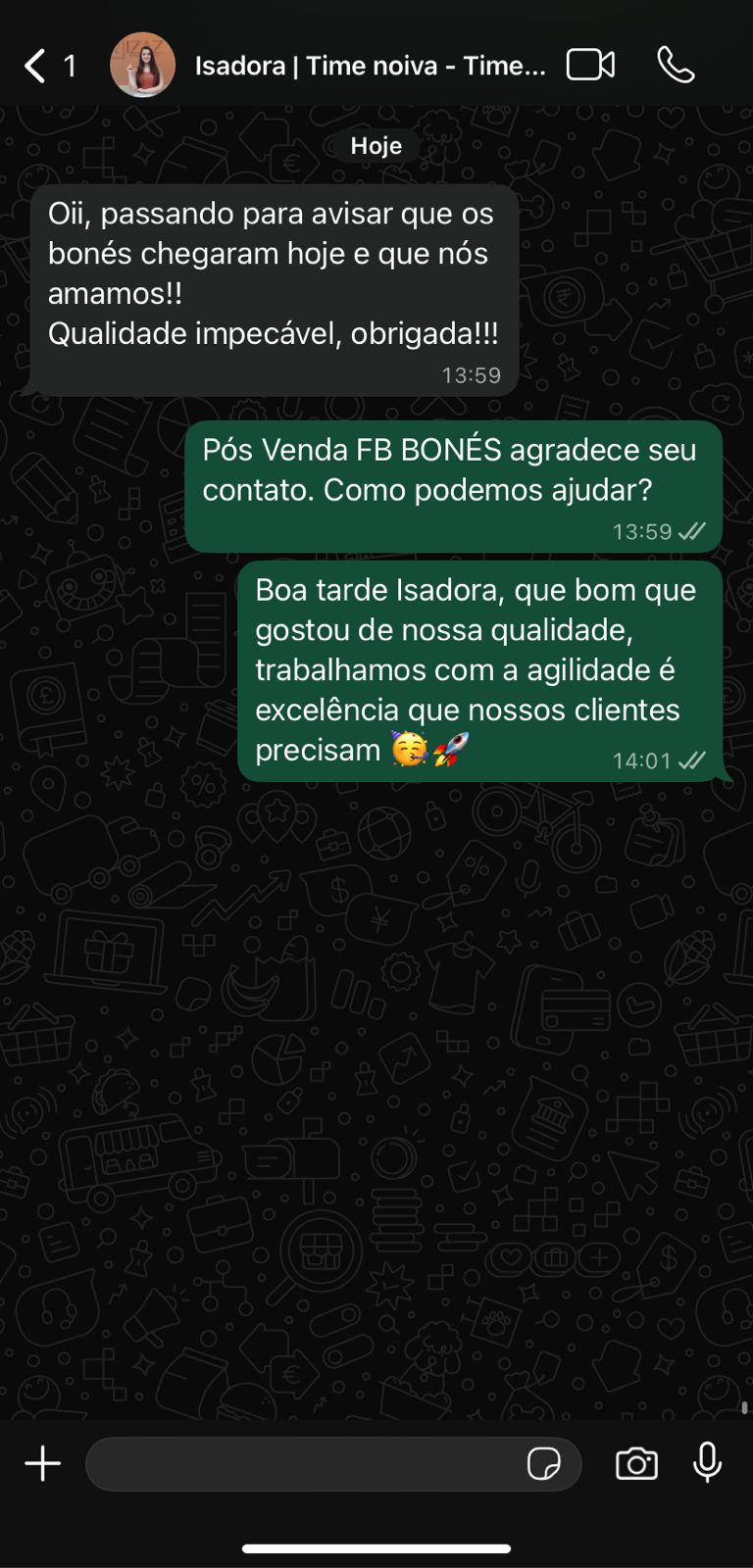 Print de feedback de cliente da FB Bonés no WhatsApp 1
